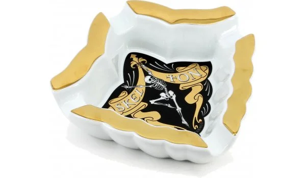 Skelton Cigar Ashtray Porcelain Gold Painted